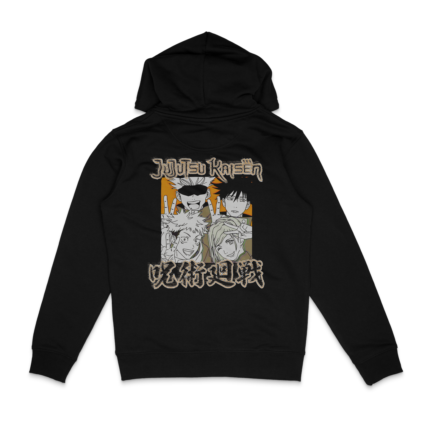 Hoodie Organico Negro Jujutsu Kaisen Gojo, Itadori, Megumi y Nobara Doodle